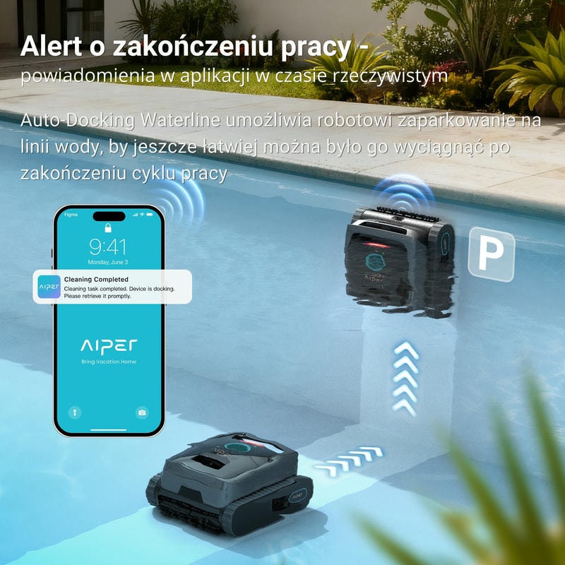 Aiper Scuba V3 automatycznie zatrzymuje się na linii wody basenu i wysyła powiadomienie w aplikacji mobilnej