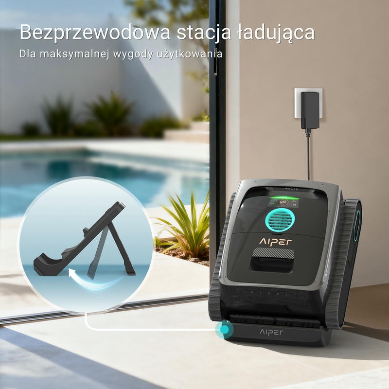 Aiper Scuba V3 ładuje się bezprzewodowo na stacji dokującej