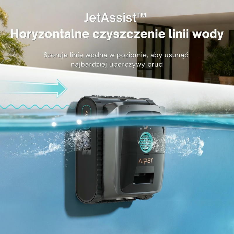 Aiper Scuba V3 szoruje linię wodną basenu, aby usunąć najbardziej uporczywy brud