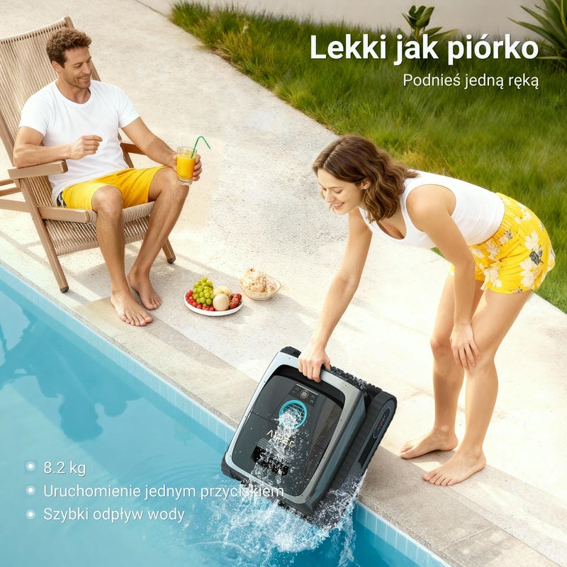 Kobieta wyciąga jedną reką robota Aiper Scuba V3 z basenu