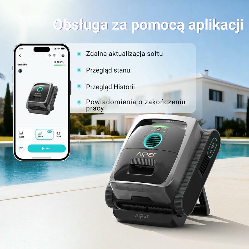 Robot Scuba V3 stojący obok basenu i panel aplikacji Aiper
