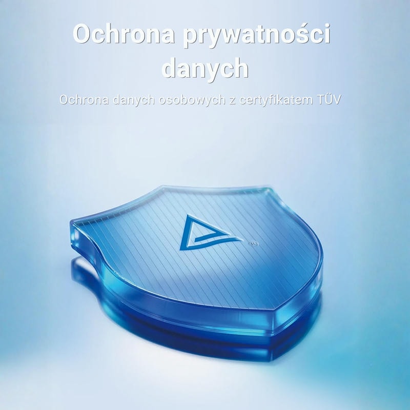 Ochrona danych osobowych z certyfikatem TÜV, w tle tarcza