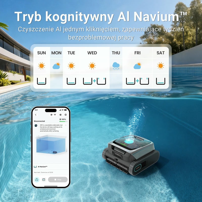 Robot do czyszczenia basenów Aiper Scuba V3 z trybem kognitywnym AI Navium™ pracujący pod wodą i jego tygodniowy harmonogram
