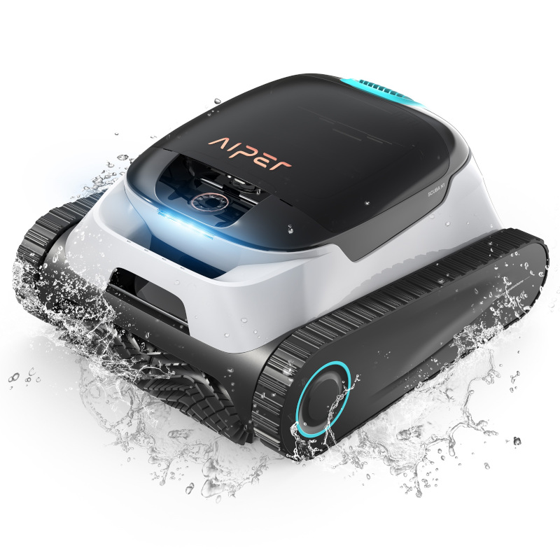 Robot do czyszczenia basenu model Scuba N1na tle rozpryskującej się wody.