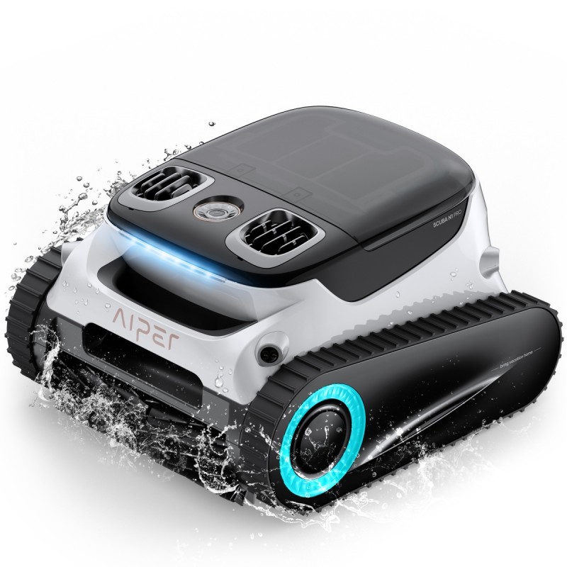 Robot do czyszczenia basenu model Scuba N1 Pro na tle rozpryskującej się wody.